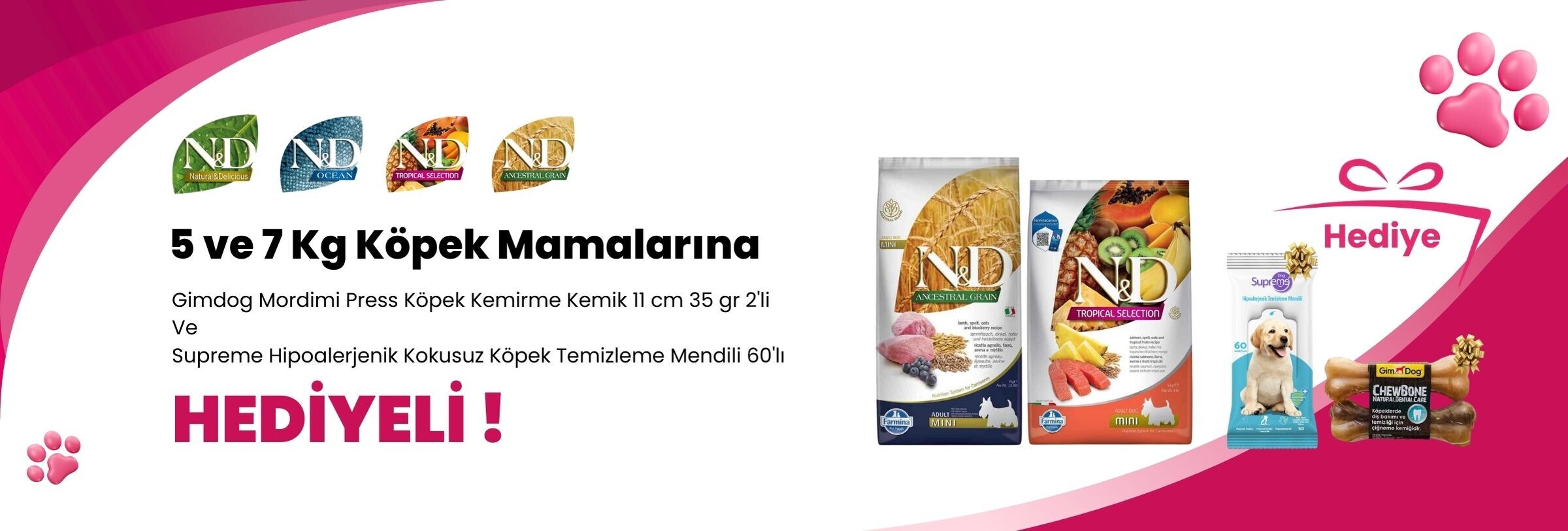 N&D 5 ve 7 Kg Köpek Mamalarına Gimdog Mordimi Press Köpek Kemirme Kemik 11 cm 35 gr 2'li ve Supreme Hipoalerjenik Kokusuz Köpek Temizleme Mendili 60'lı Hediye