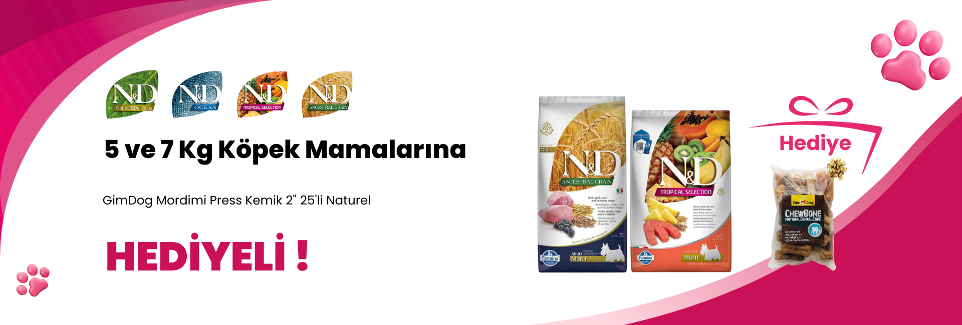 N&D 5 ve 7 Kg Köpek Mamalarına Gimdog Mordimi Press Köpek Kemirme Kemik 11 cm 35 gr 2'li ve Supreme Hipoalerjenik Kokusuz Köpek Temizleme Mendili 60'lı Hediye