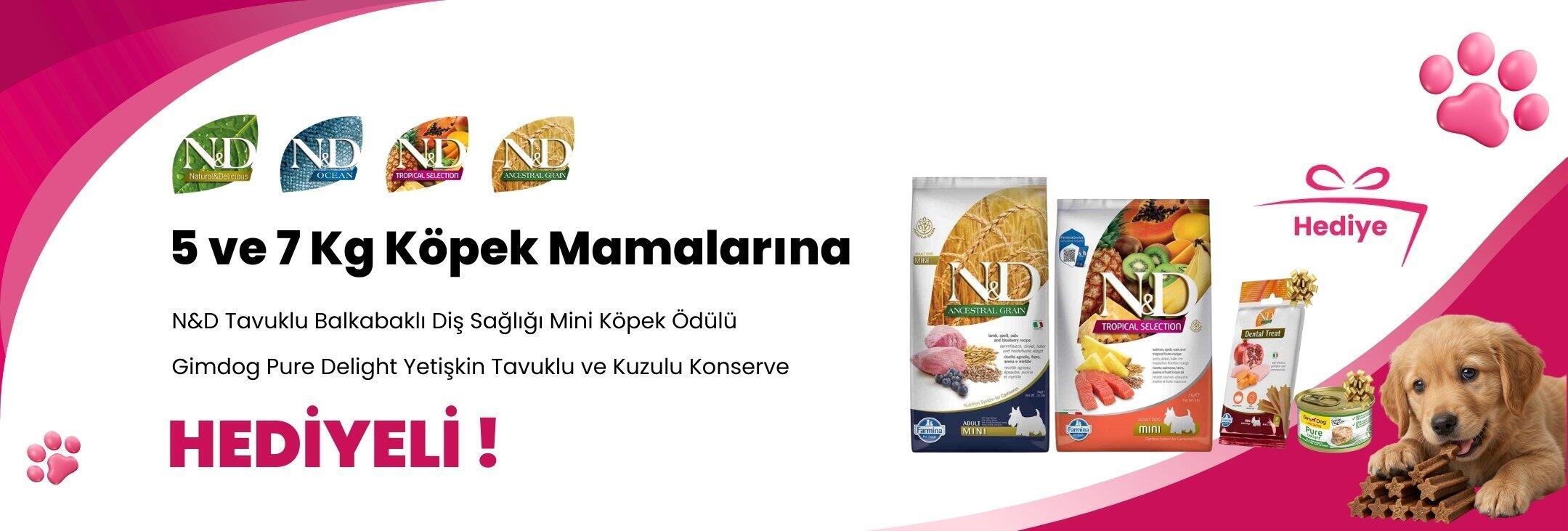 N&D 5 ve 7 Kg Köpek Mamalarına N&D Tropical Tavuklu Diş Sağlığı Mini Köpek Ödülü 60 Gr ve Gimdog Pure Delight Tavuklu ve Kuzulu Konserve Yetişkin Köpek Maması 85 gr Hediye