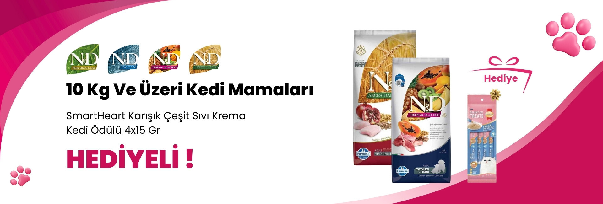 N&D 10 Kg Kedi Mamalarına 1 Adet SmartHeart Karışık Çeşit Sıvı Krema Kedi Ödülü 4x15 Gr Hediye