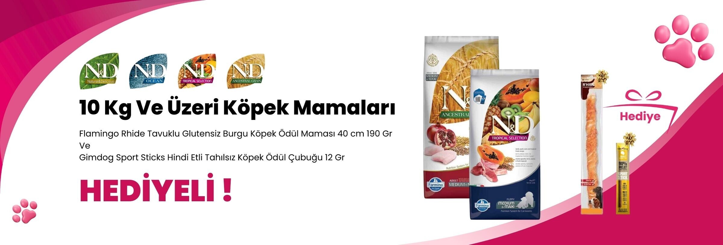 N&D 10 Kg ve Üzeri Köpek Mamalarına Flamingo Rhide Tavuklu Glutensiz Burgu Köpek Ödül Maması 40 cm 190 Gr ve Gimdog Sport Sticks Hindi Etli Tahılsız Köpek Ödül Çubuğu 12 Gr Hediye
