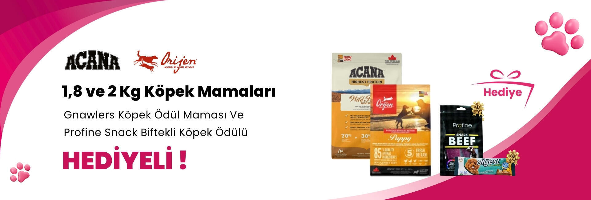 Acana ve Orijen 1,8 ve 2 Kg Köpek Mamalarına Profine Snack Biftekli Köpek Ödülü 80 gr ve Gnawlers Digest Prebiyotik Destekli Köpek Ödül Maması 15gr 7.5cm Hediye