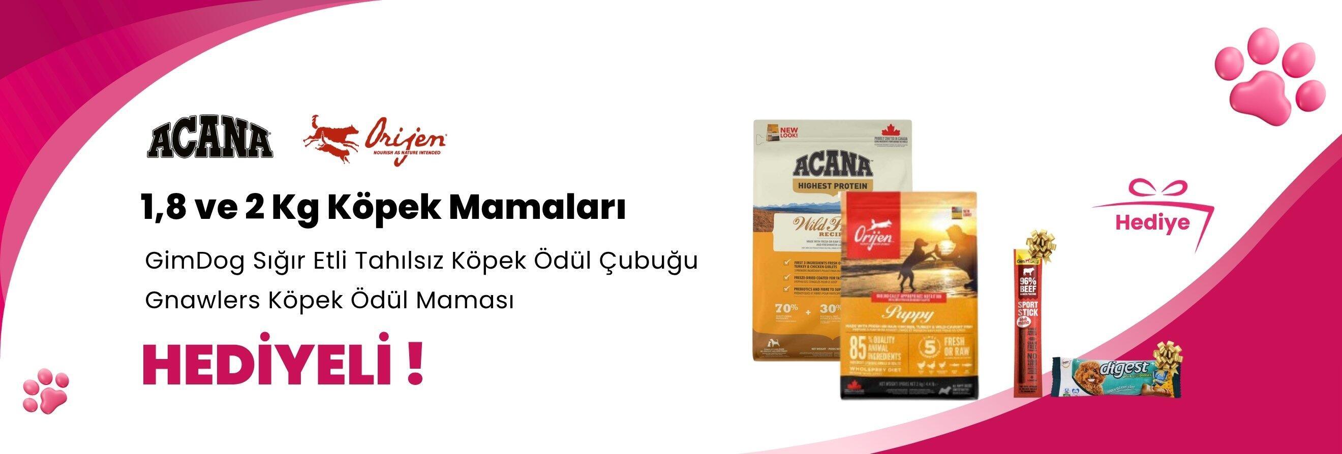 Acana ve Orijen 1,8 ve 2 Kg Köpek Mamalarına Profine Snack Biftekli Köpek Ödülü 80 gr ve Gnawlers Digest Prebiyotik Destekli Köpek Ödül Maması 15gr 7.5cm Hediye