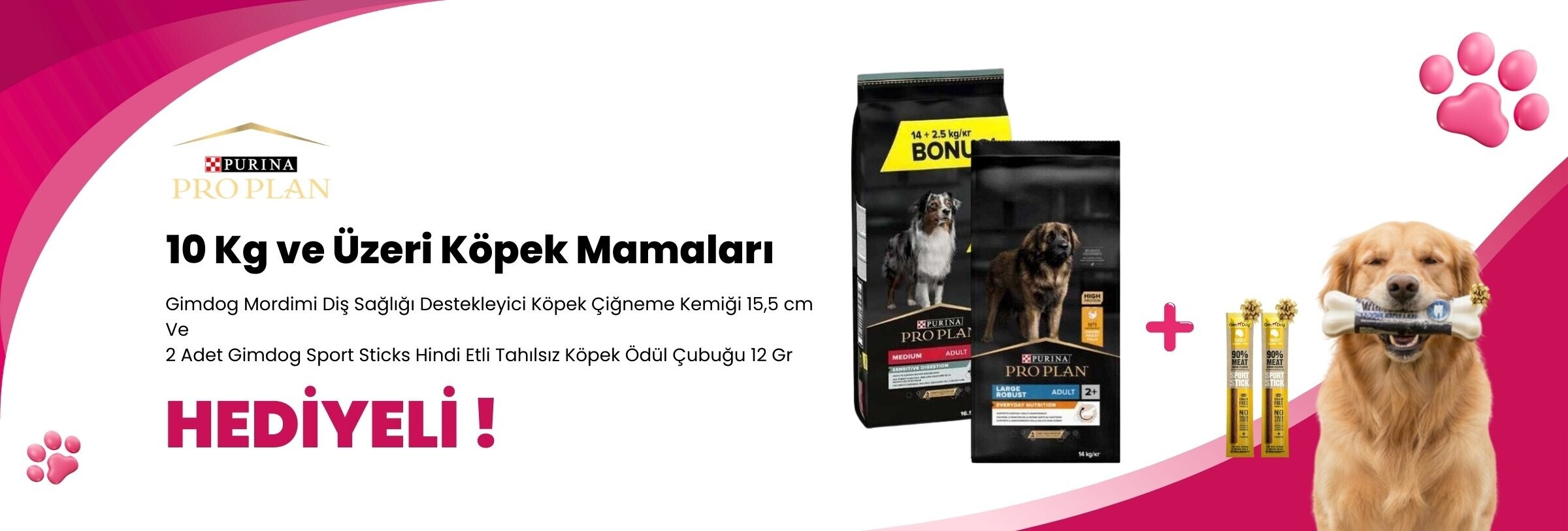 Pro Plan 10 Kg ve Üzeri Köpek Mamalarına 1 Adet Gimdog Mordimi Diş Sağlığı Destekleyici Köpek Çiğneme Kemiği 15,5 cm ve 2 Adet Gimdog Sport Sticks Hindi Etli Tahılsız Köpek Ödül Çubuğu 12 Gr Hediye