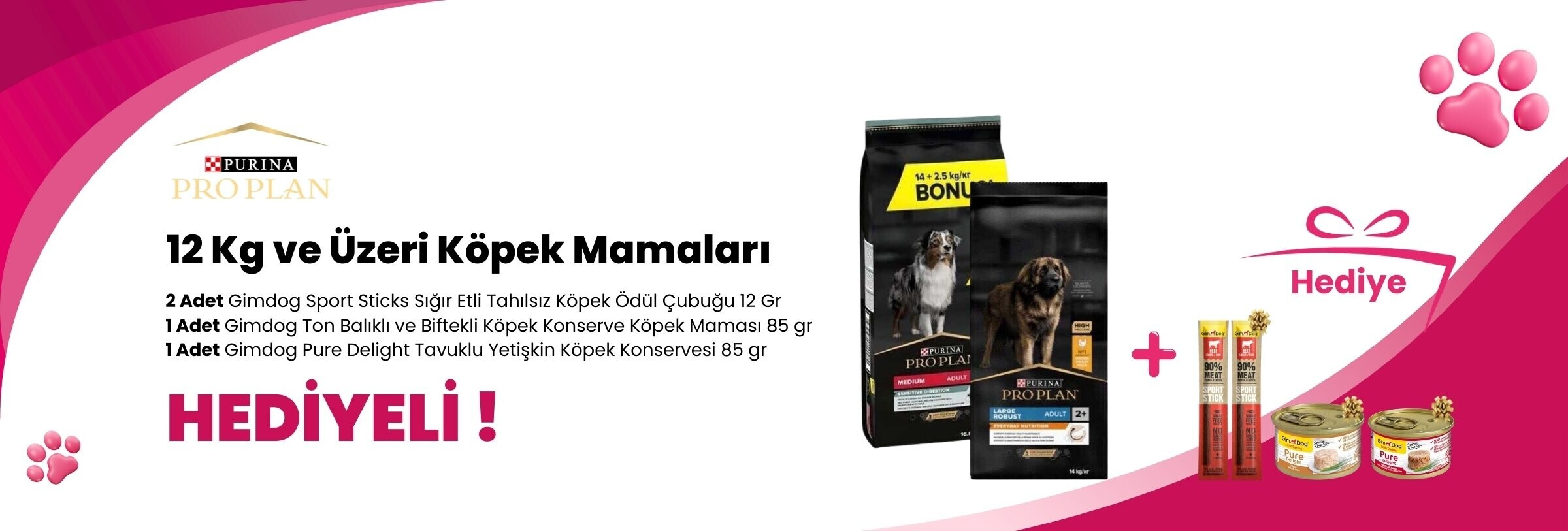 Pro Plan 10 Kg ve Üzeri Köpek Mamalarına 1 Adet Gimdog Mordimi Diş Sağlığı Destekleyici Köpek Çiğneme Kemiği 15,5 cm ve 2 Adet Gimdog Sport Sticks Hindi Etli Tahılsız Köpek Ödül Çubuğu 12 Gr Hediye