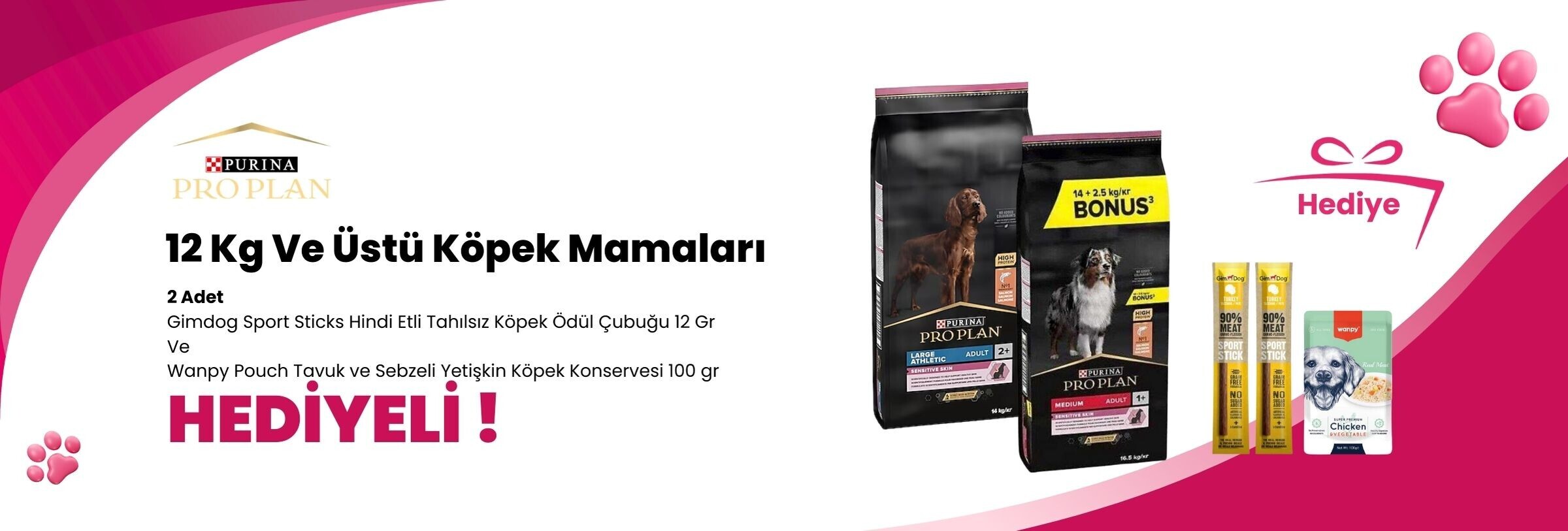 Pro Plan 10 Kg Köpek Mamalarına 1 Adet Wanpy Pouch Tavuk ve Sebzeli Yetişkin Köpek Konservesi 100 gr ve 2 Adet Gimdog Sport Sticks Hindi Etli Tahılsız Köpek Ödül Çubuğu 12 Gr Hediye