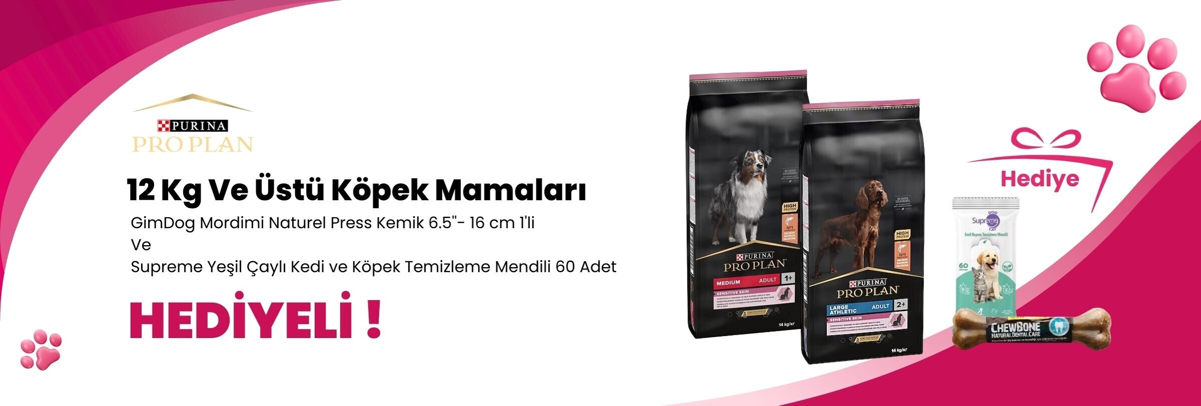 Pro Plan 12 Kg ve Üzeri Köpek Mamalarına GimDog Mordimi Naturel Press Kemik 6.5''- 16 cm 1'li ve Supreme Yeşil Çaylı Kedi ve Köpek Temizleme Mendili 60 Adet Hediye