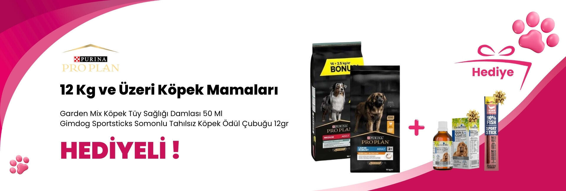 Pro Plan 12 Kg ve Üzeri Köpek Mamalarına 2 Adet GimDog SportSticks Mono Sığır Etli Tahılsız Köpek Ödül Çubuğu 12gr ve Garden Mix Köpek Tüy Sağlığı Damlası 50 Ml Hediye