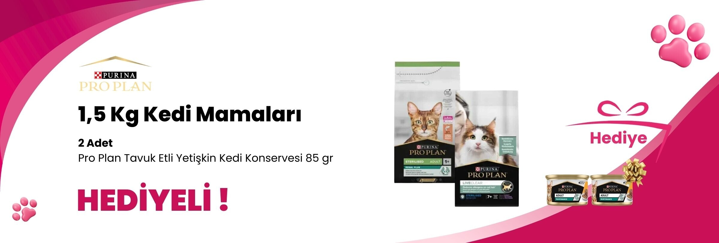Pro Plan 1,5 Kg ve Üzeri Kedi Mamalarına Pro Plan Tavuk Etli Yetişkin Kedi Konservesi 85 gr 2 Adet Hediye