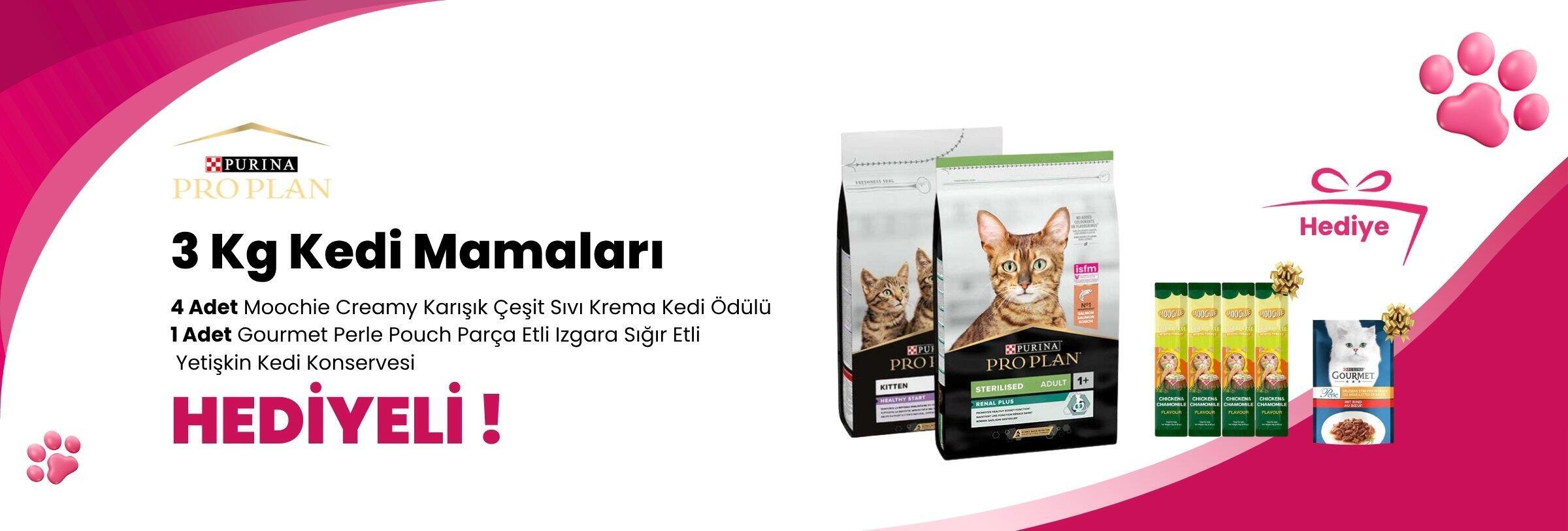 Pro Plan 3 Kg Kedi Mamalarına 4 Adet Moochie Creamy Karışık Çeşit Sıvı Krema Kedi Ödülü ve Gourmet Perle Pouch Parça Etli Izgara Sığır Etli Yetişkin Kedi Konservesi 85 gr Hediye