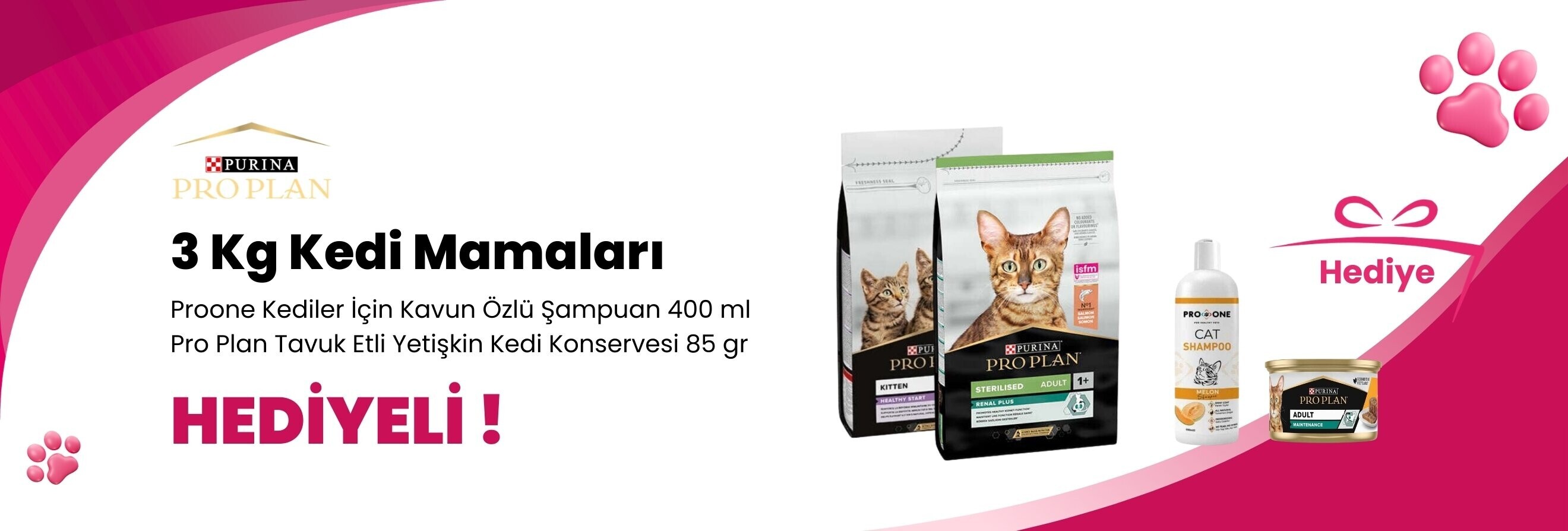 Pro Plan 3 Kg Kedi Mamalarına Pro Plan Tavuk Etli Yetişkin Kedi Konservesi 85 gr ve Proone Kediler İçin Kavun Özlü Şampuan 400 ml Hediye