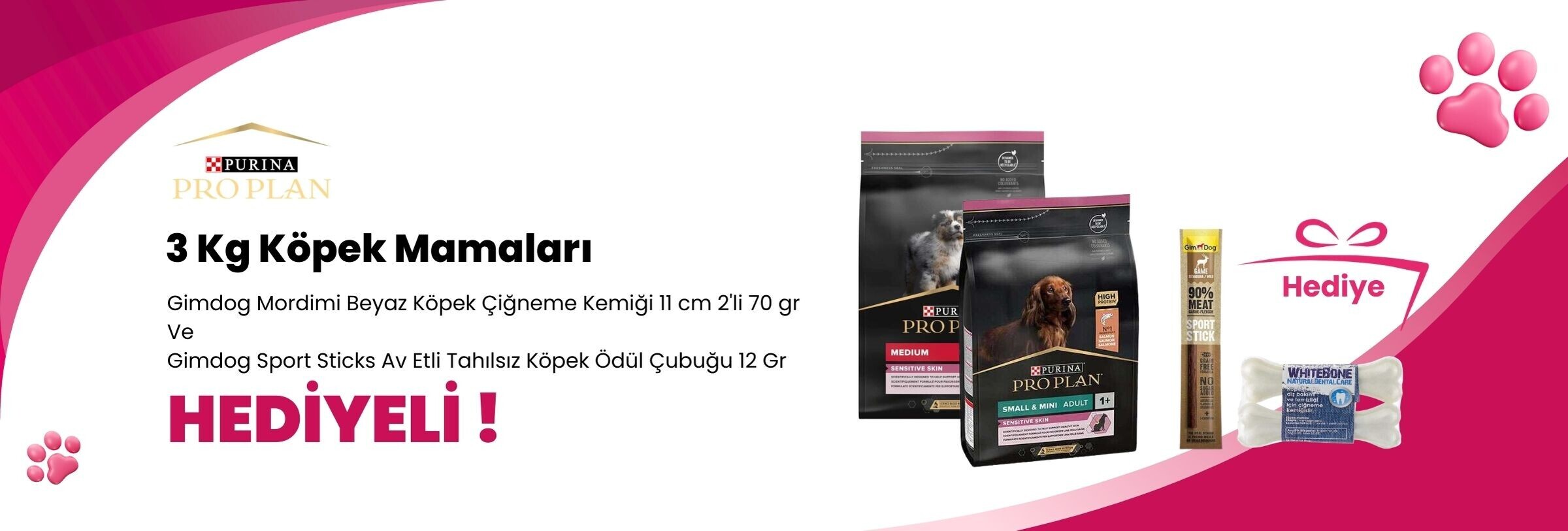 Pro Plan 3 Kg Köpek Mamalarına Gimdog Mordimi Beyaz Köpek Çiğneme Kemiği 11 cm 2'li 70 gr ve Gimdog Sport Sticks Av Etli Tahılsız Köpek Ödül Çubuğu 12 Gr Hediye