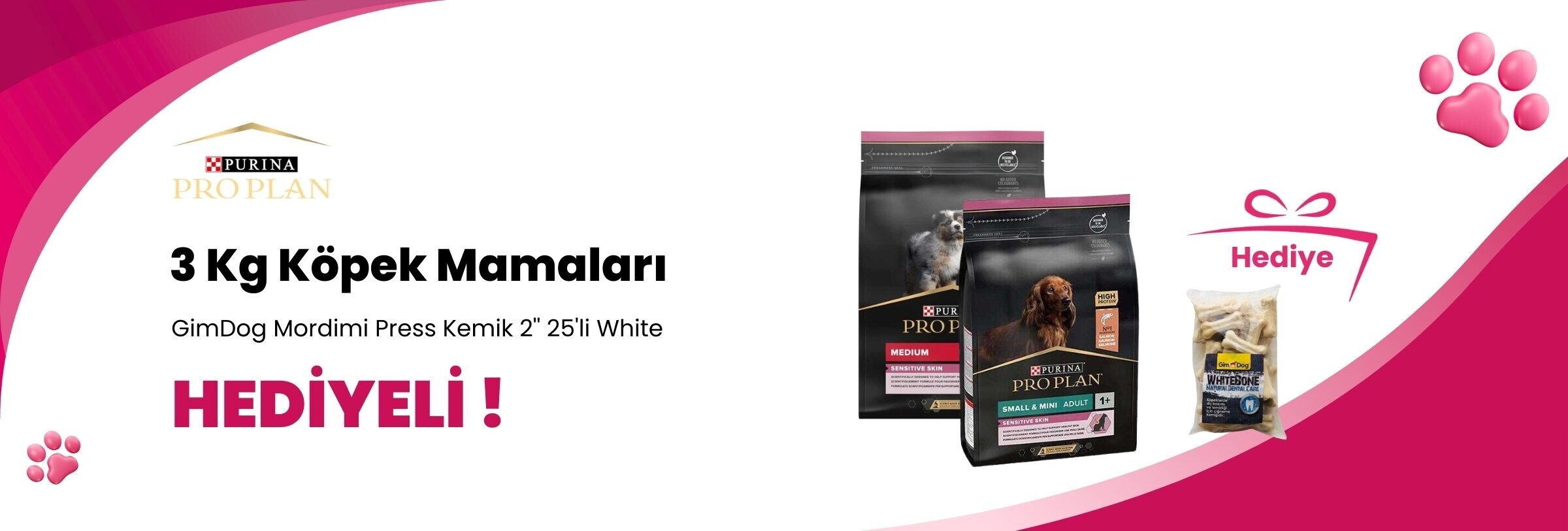 Pro Plan 3 Kg Köpek Mamalarına Gimdog Mordimi Beyaz Köpek Çiğneme Kemiği 11 cm 2'li 70 gr ve Gimdog Sport Sticks Av Etli Tahılsız Köpek Ödül Çubuğu 12 Gr Hediye