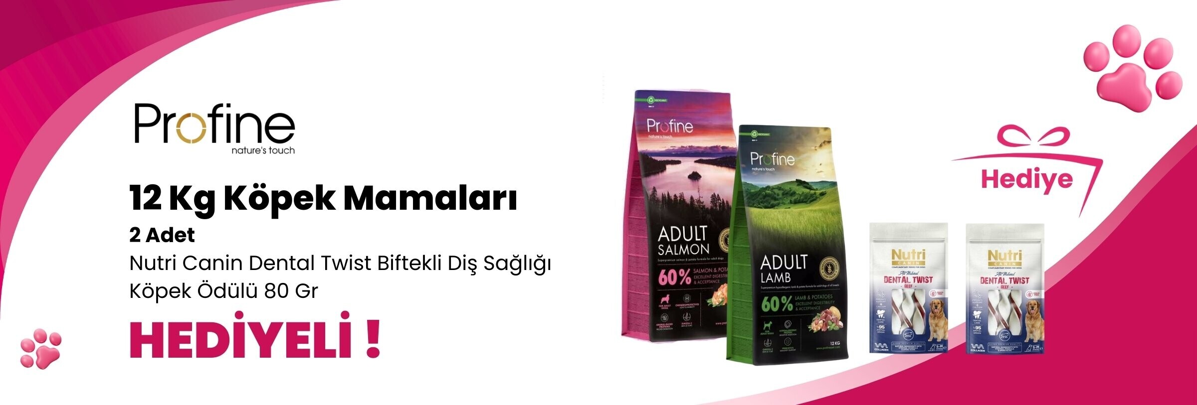 Profine 12 Kg Köpek Mamalarına 2 Adet Nutri Canin Dental Twist Biftekli Diş Sağlığı Köpek Ödülü 80 Gr Hediye