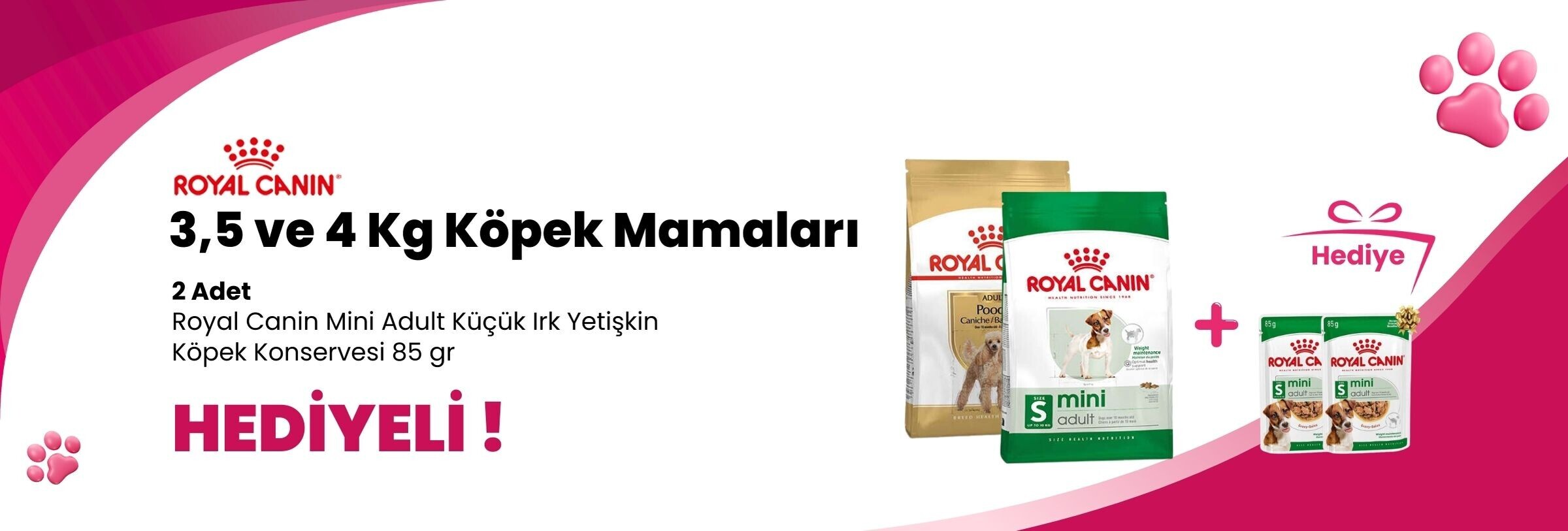Royal Canin 3 ve 4 Kg Köpek Mamalarına 2 Adet Royal Canin Mini Adult Küçük Irk Yetişkin Köpek Konservesi 85 gr Hediye