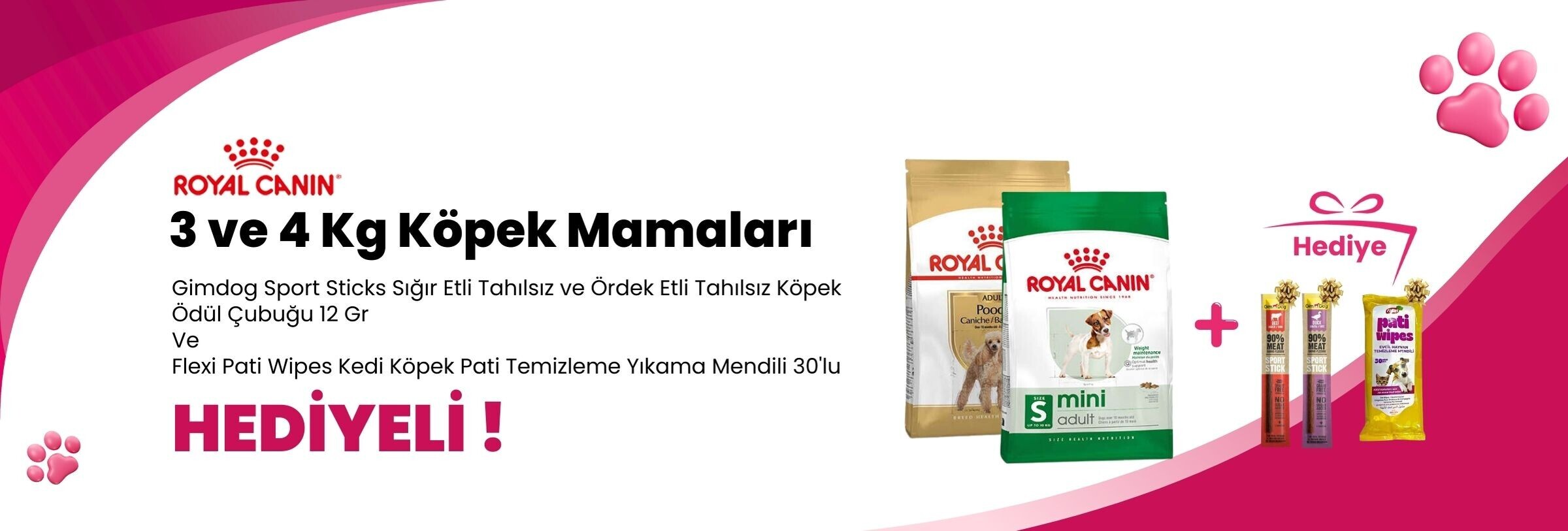Royal Canin 3,5 ve 4 kg Köpek Mamalarına Gimdog Sport Sticks Sığır Etli , Gimdog Sport Sticks Ördek Etli Tahılsız Köpek Ödül Çubuğu 12 Gr ve Flexi Pati Wipes Kedi Köpek Pati Temizleme Yıkama Mendili 30'lu Hediye