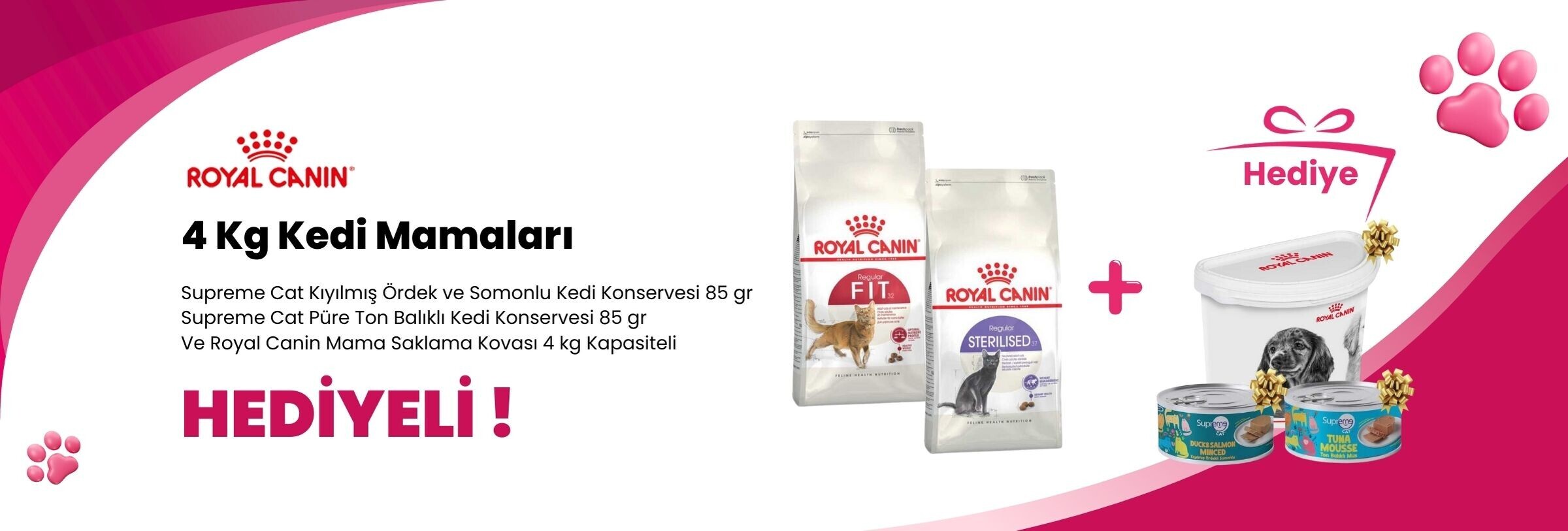 Royal Canin 3,5 ve 4 Kg Kedi Mamalarına Supreme Cat Kıyılmış Ördek ve Somonlu , Supreme Cat Püre Ton Balıklı Kedi Konservesi 85 gr ve Royal Canin Mama Saklama Kovası 4 kg Kapasiteli Hediye