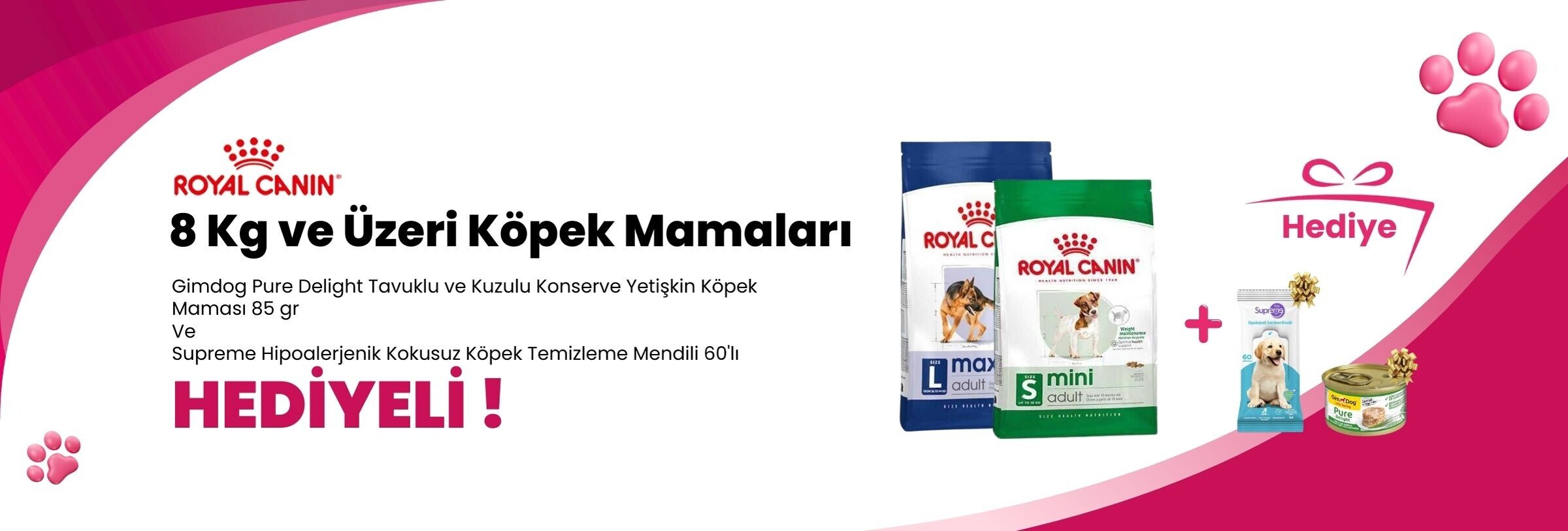 Royal Canin 8 Kg ve Üzeri Köpek Mamalarına Supreme Hipoalerjenik Kokusuz Köpek Temizleme Mendili 60'lı ve Gimdog Pure Delight Tavuklu ve Kuzulu Konserve Yetişkin Köpek Maması 85 gr Hediye