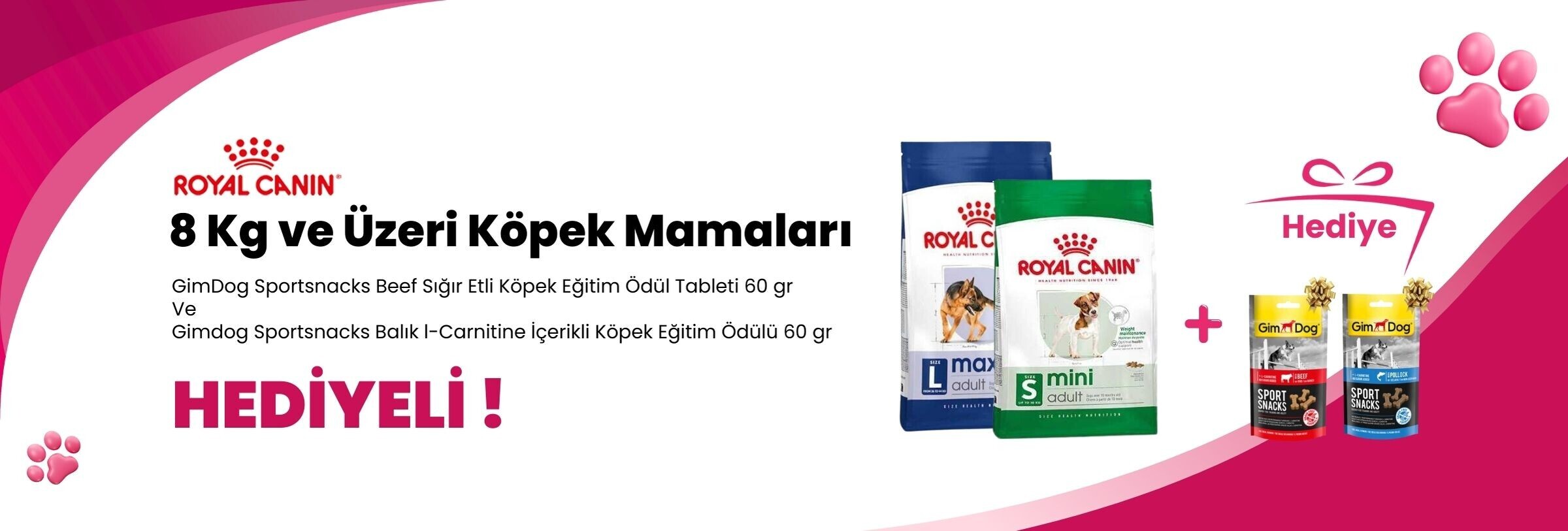 Royal Canin 8 Kg ve Üzeri Köpek Mamalarına GimDog Sportsnacks Beef Sığır Etli Köpek Eğitim Ödül Tableti 60 gr ve Gimdog Sportsnacks Balık l-Carnitine İçerikli Köpek Eğitim Ödülü 60 gr Hediye