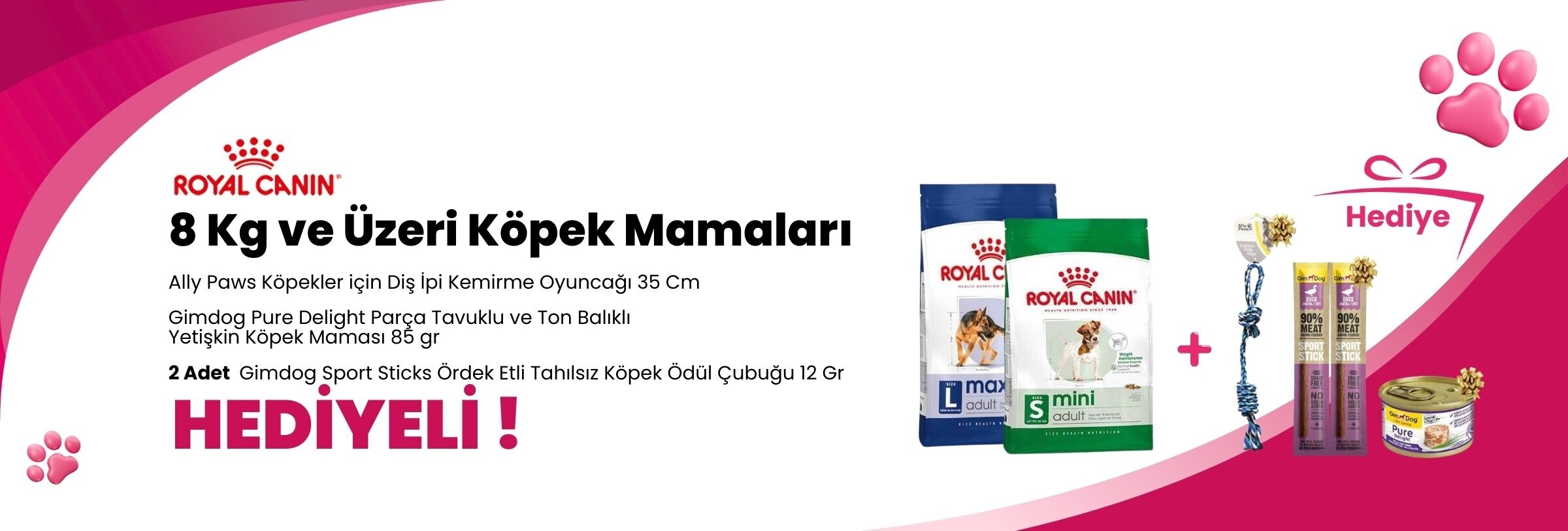 Royal Canin 8 Kg ve Üzeri Köpek Mamalarına Supreme Hipoalerjenik Kokusuz Köpek Temizleme Mendili 60'lı ve Gimdog Pure Delight Tavuklu ve Kuzulu Konserve Yetişkin Köpek Maması 85 gr Hediye