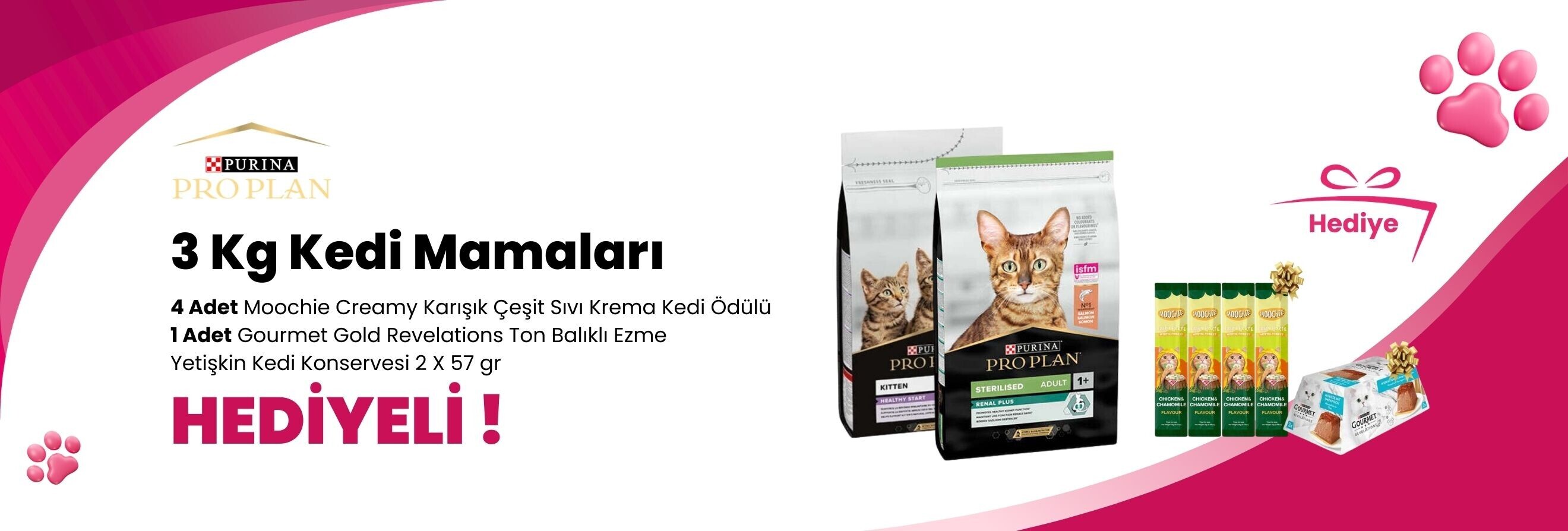 Pro Plan 3 Kg Kedi Mamalarına 4 Adet Moochie Creamy Karışık Çeşit Sıvı Krema Kedi Ödülü 1 Adet ve Gourmet Gold Revelations Ton Balıklı Ezme Yetişkin Kedi Konservesi 2 X 57 gr Hediye
