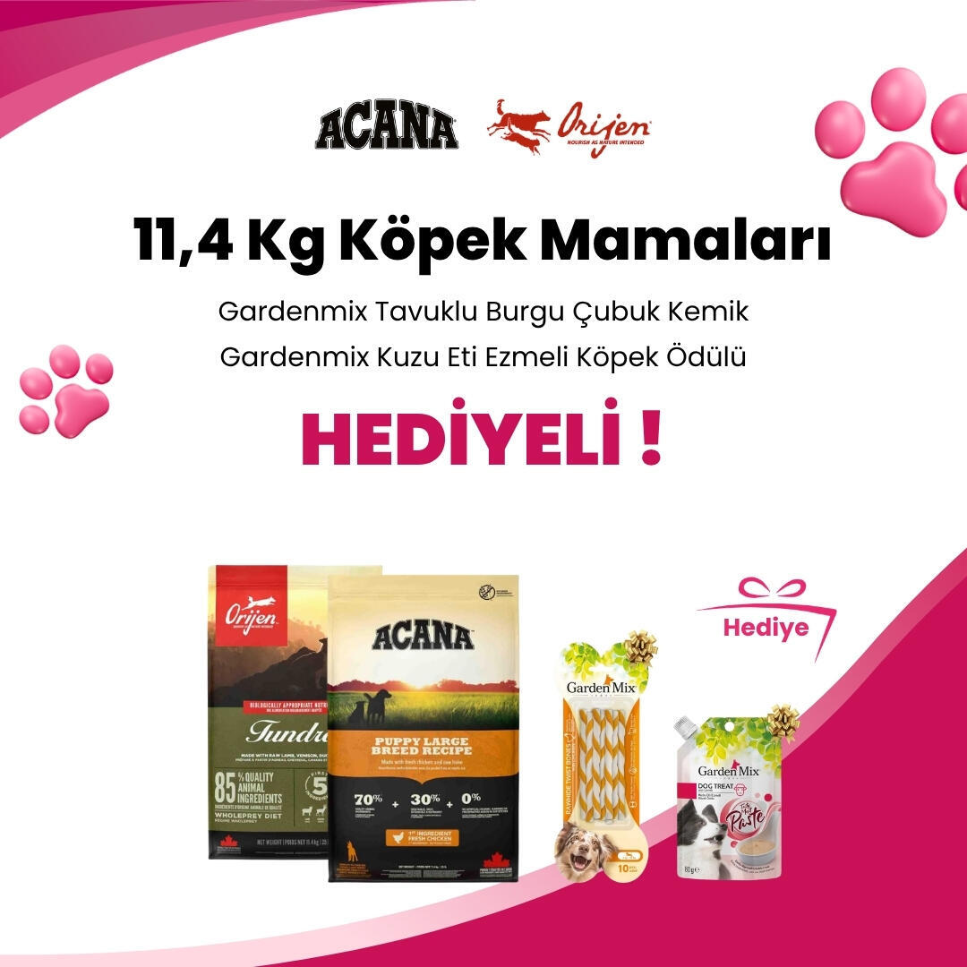 Acana ve Orijen 11,4 Kg Köpek Mamalarına Eurodog Diş İpi Tenis Toplu Kırmızı Beyaz Köpek Oyuncağı 40 cm ve Garden Mix Tavşan Budu Köpek Ödülü 75 gr Hediye