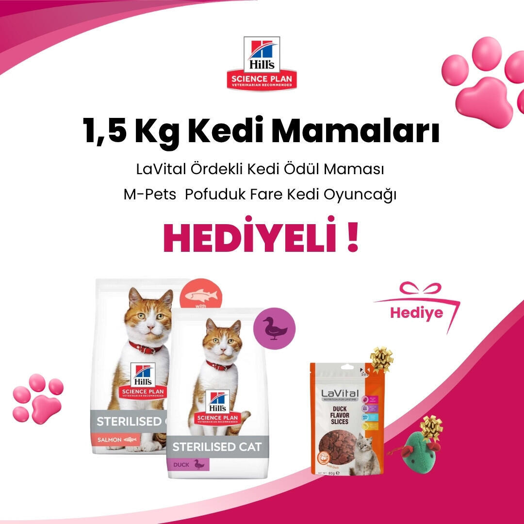 Hill's Science Plan 1,5 Kg Kedi Mamalarına M-Pets Wonders Ollie Pofuduk Fare Kedi Oyuncağı 6 Cm ve LaVital Ördekli Kedi Ödül Maması 80 Gr Hediye