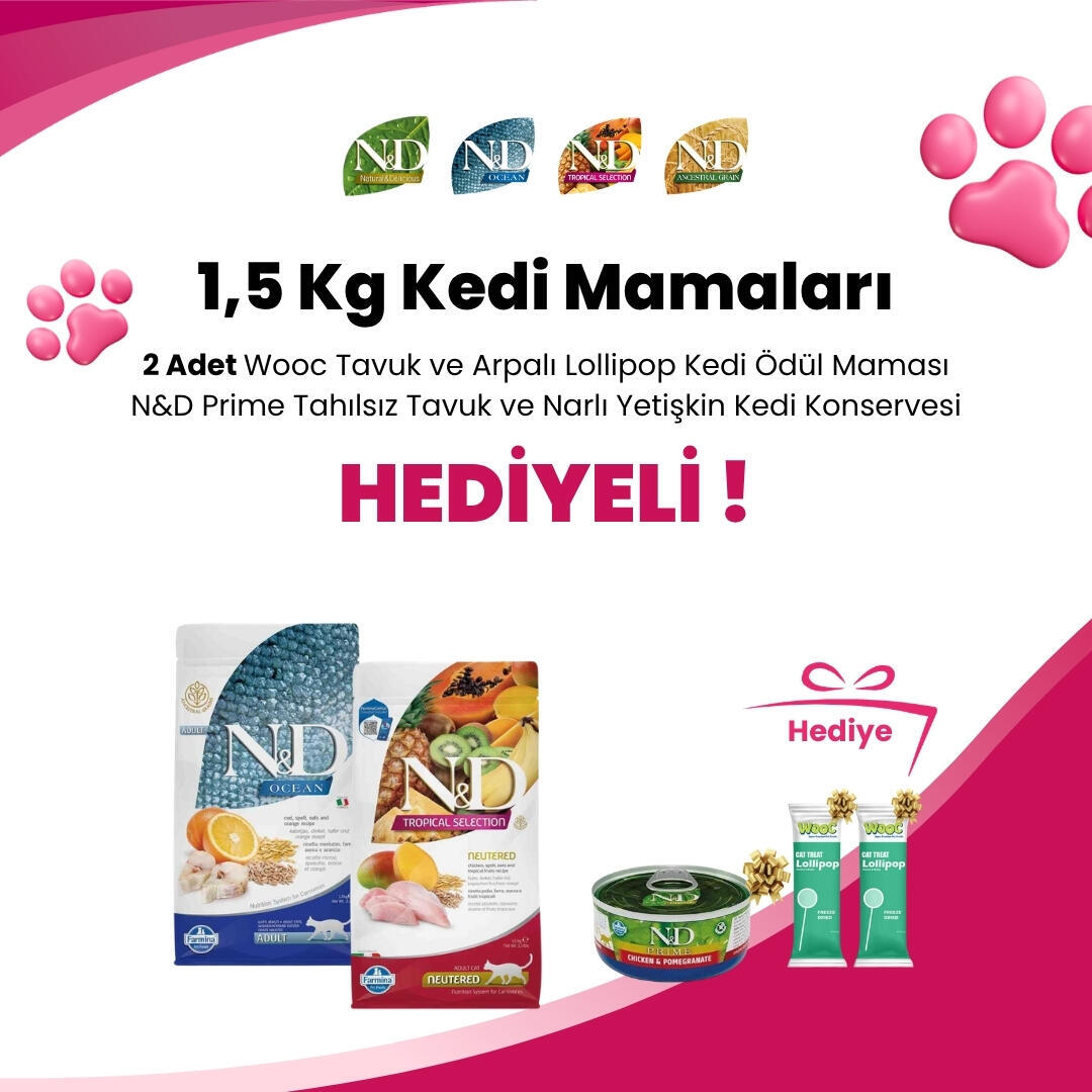 N&D 1,5 Kg Kedi Mamalarına Garden Mix Kuzulu Sushi Kedi Ödülü 60 gr ve Gimcat Malt Soft Extra 20 gr Hediye
