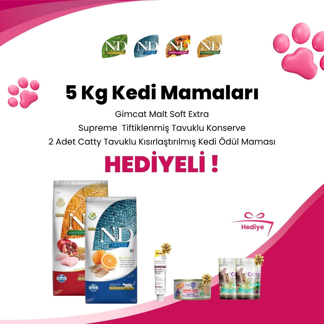 N&D 5 Kg Kedi Mamalarına Wooc Tavuklu Lollipop Kedi Ödül Maması, Wooc Tavuk ve Yaban Mersinli Lollipop Kedi Ödül Maması, Gimcat Malt Soft Extra 20 gr ve Gardenmix Tavuklu Kedi Stick Ödül 3*5gr Hediye