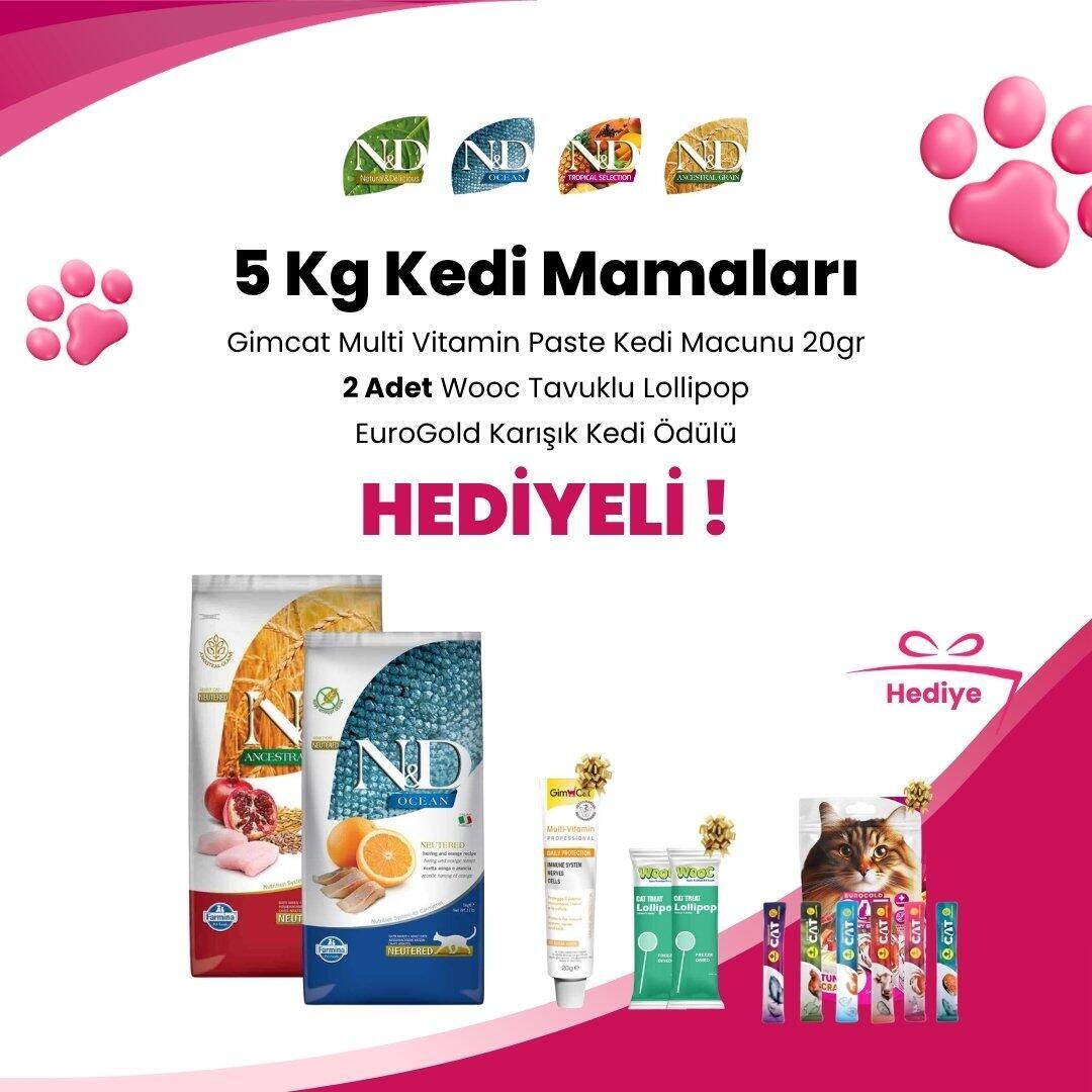 N&D 5 Kg Kedi Mamalarına Wooc Tavuklu Lollipop Kedi Ödül Maması, Wooc Tavuk ve Yaban Mersinli Lollipop Kedi Ödül Maması, Gimcat Malt Soft Extra 20 gr ve Gardenmix Tavuklu Kedi Stick Ödül 3*5gr Hediye