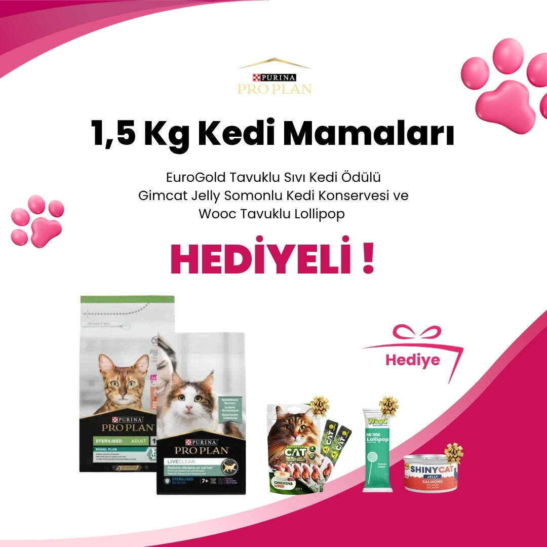 Pro Plan 1,5 Kg Kedi Mamalarına Wooc Tavuklu Lollipop Kedi Ödül Maması, EuroGold Cat Tavuk ve Ciğerli Sıvı Kedi Ödülü 5x15Gr ve Gimcat Shinycat Sos İçinde Jelly Somonlu Kedi Konserve Maması 70 Gr Hediyer