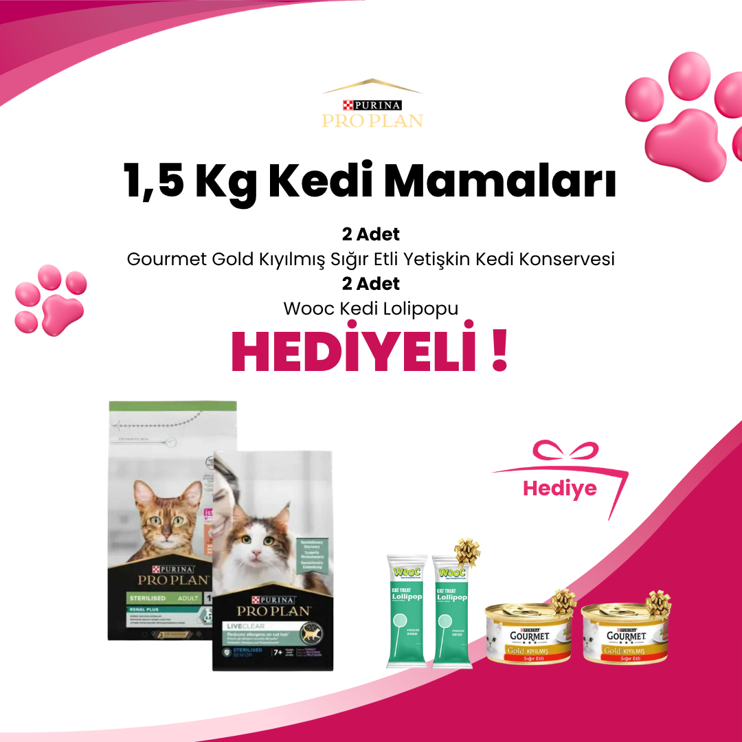 Pro Plan 1,5 Kg Kedi Mamalarına Wooc Tavuklu Lollipop Kedi Ödül Maması, EuroGold Cat Tavuk ve Ciğerli Sıvı Kedi Ödülü 5x15Gr ve Gimcat Shinycat Sos İçinde Jelly Somonlu Kedi Konserve Maması 70 Gr Hediyer