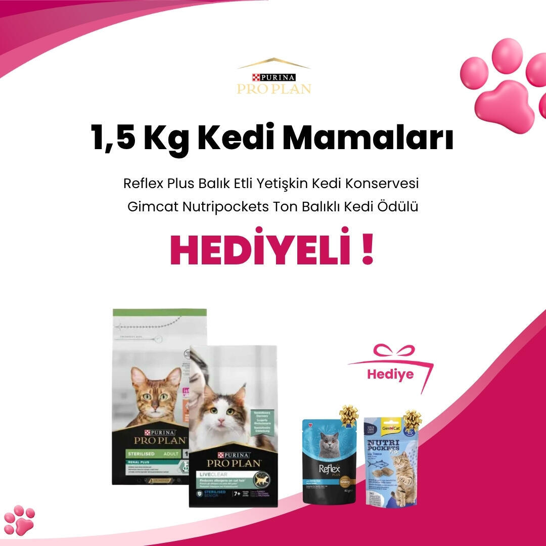 Pro Plan 1,5 Kg Kedi Mamalarına Wooc Tavuklu Lollipop Kedi Ödül Maması, EuroGold Cat Tavuk ve Ciğerli Sıvı Kedi Ödülü 5x15Gr ve Gimcat Shinycat Sos İçinde Jelly Somonlu Kedi Konserve Maması 70 Gr Hediyer