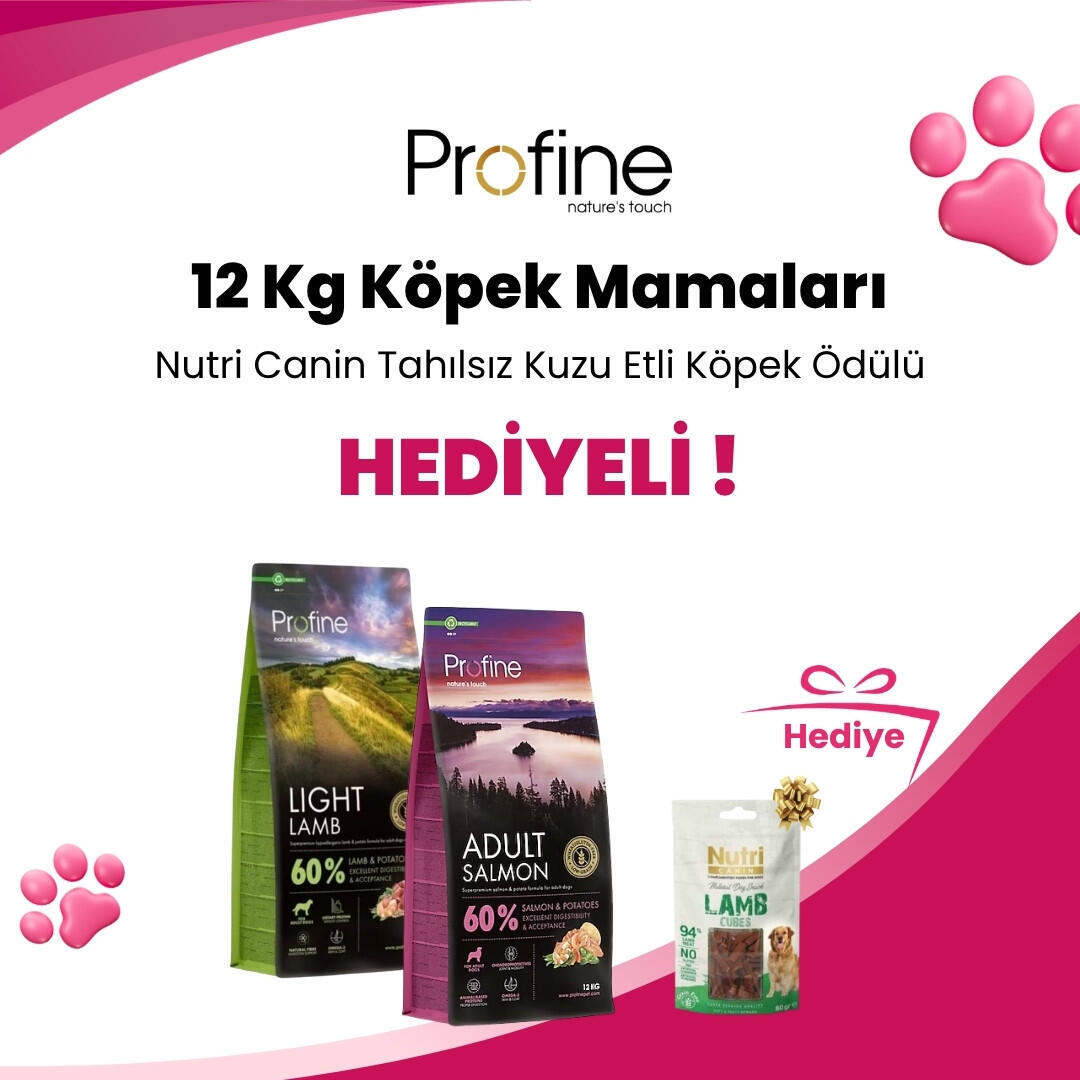 Profine 12 Kg Köpek Mamalarına Nutri Canin Tahılsız Küp Kuzu Etli Köpek Ödülü 80 gr Hediye