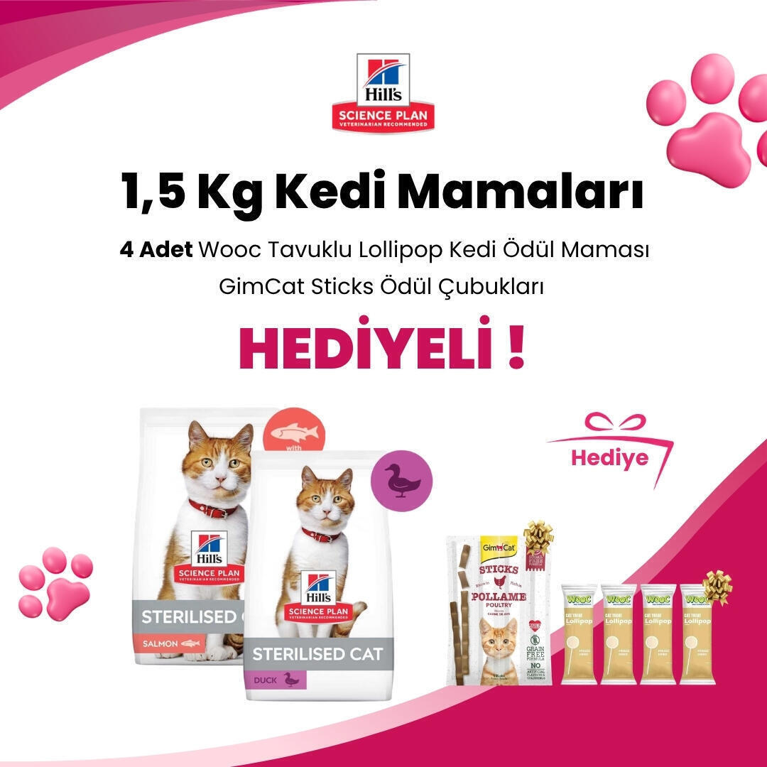 Hill's Science Plan 1,5 Kg Kedi Mamalarına 4 Adet Wooc Tavuklu Lollipop Kedi Ödül Maması ve GimCat Sticks Kümes Hayvanı Etli Tahılsız Ödül Çubukları 4'lü 20 gr Hediye