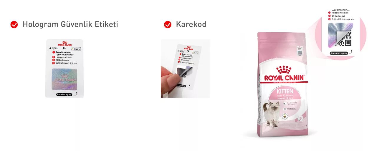 Royal Canin hologram güvenlik etiketi ve karekod