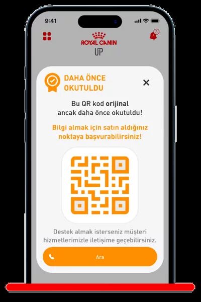 Daha önce okutulmuş — turuncu uyarı ekranı