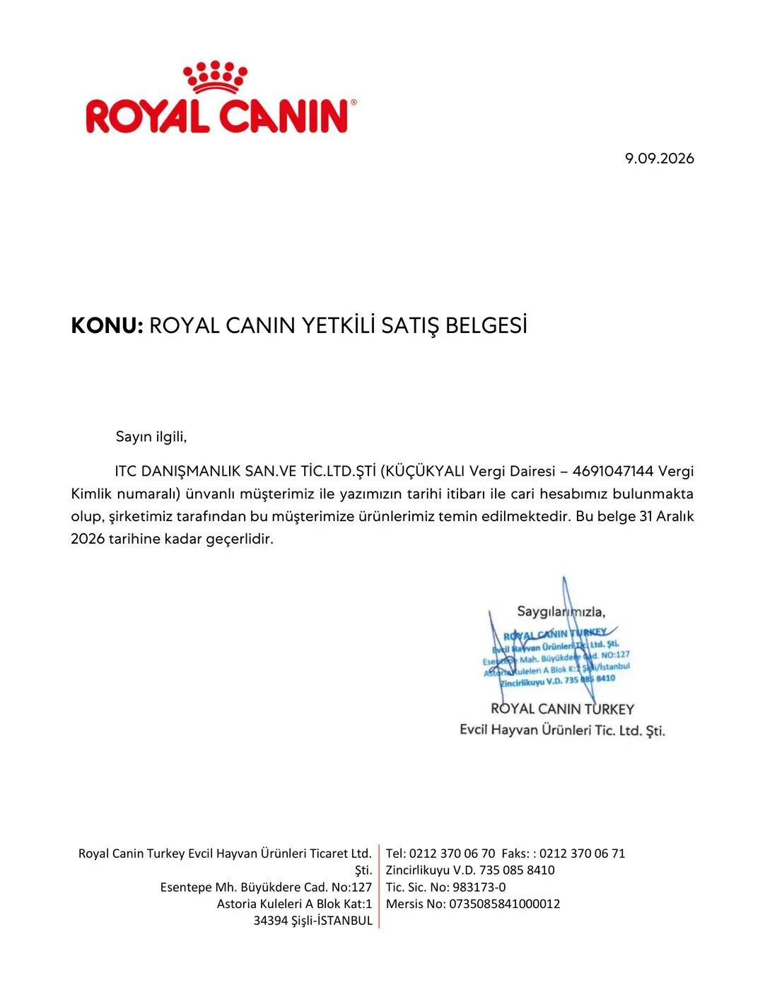 Royal Canin yetki belgesi
