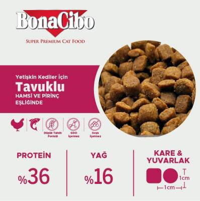 BonaCibo Tavuklu (Hamsi ve Pirinç eşliğinde) Yetişkin Kedi Maması 2 Kg - 3