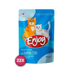 Enjoy Pouch Sos İçinde Et Parçacıklı Beyaz Balıklı Yetişkin Kedi Konservesi 85 Gr x 22 Adet - Enjoy