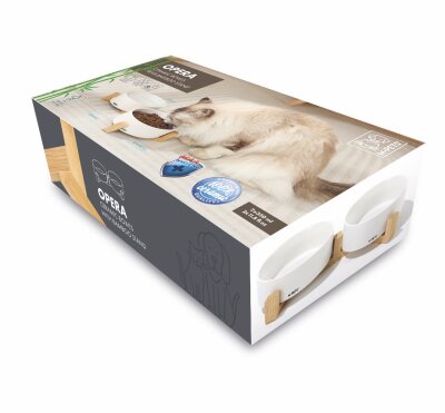 M-Pets Opera Bambu Standlı İkili Beyaz Seramik Kedi Mama ve Su Kabı 2x350 Ml
