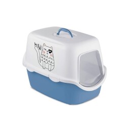 Stefanplast Griffe Baskılı Kapalı Kedi Tuvaleti Mavi/Beyaz - Stefanplast