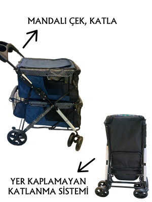 Tommy İki Katlı Evcil Hayvan Arabası 85 X 51 X 100 cm Lacivert Max 10 kg + 10 kg - 3