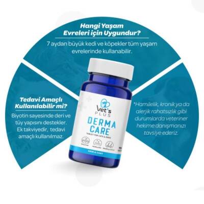 Vet's Plus Derma Care Kedi ve Köpekler İçin Deri ve Tüy Yapısı Destekleyici Biotin Tablet 75 Adet - 2
