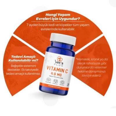 Vet's Plus Vitamin C Kedi ve Köpekler İçin Vitamin Tablet 75 Adet - 3